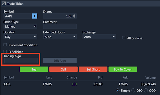 Trade Ticket interface for AAPL with options for shares, order type, duration, extended hours, exchange, and trading algo. Buttons for 'Buy', 'Sell', 'Sell Short', 'Buy To Cover' are at the bottom.