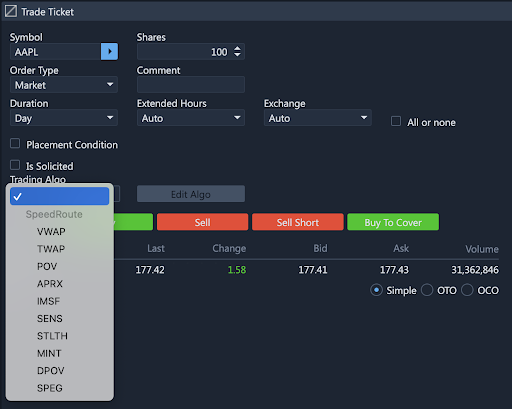 The image shows a trade ticket interface for AAPL stock, listing algorithm order types: SpeedRoute, VWAP, TWAP, POV, APRX, IMSF, SENS, STLTH, MINT, DPOV, SPEG.