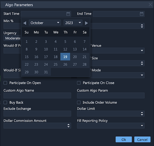 The image shows an "Algo Parameters" window with fields for start/end time, minimum percentage, urgency level (Moderate), custom algo parameters, and options for participation, buy back, and order volume. There are settings for primary venue, size, urgency mode, dollar limit, and fill reporting policy, with "Ok" and "Cancel" buttons at the bottom.